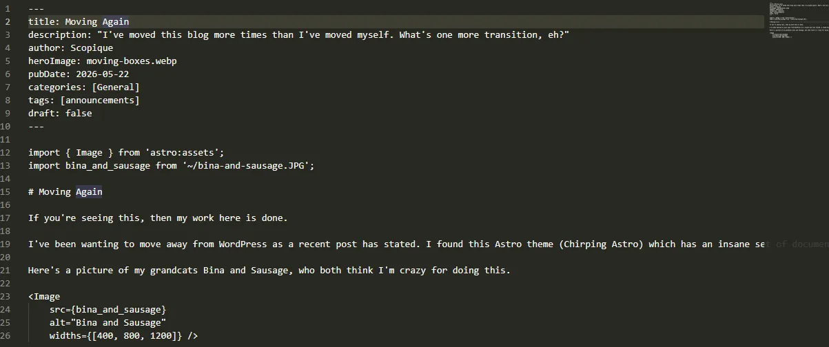 Markdown code for the `Moving Again` post